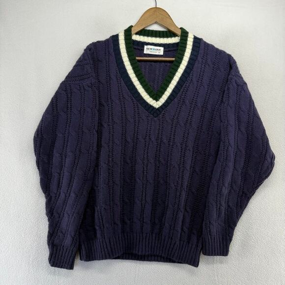 Vintage New Era Sweater Men's Medium Blue Chunky Cable Knit Tennis Cricket USA - Picture 2 of 10